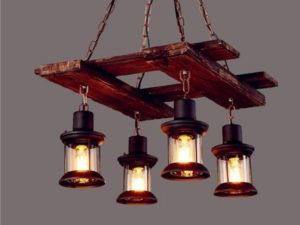 Industrial Wood Chandelier, Suspended Light Fixture, Country, Farmhouse