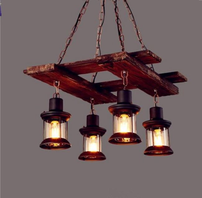 Industrial Wood Chandelier, Suspended Light Fixture, Country, Farmhouse